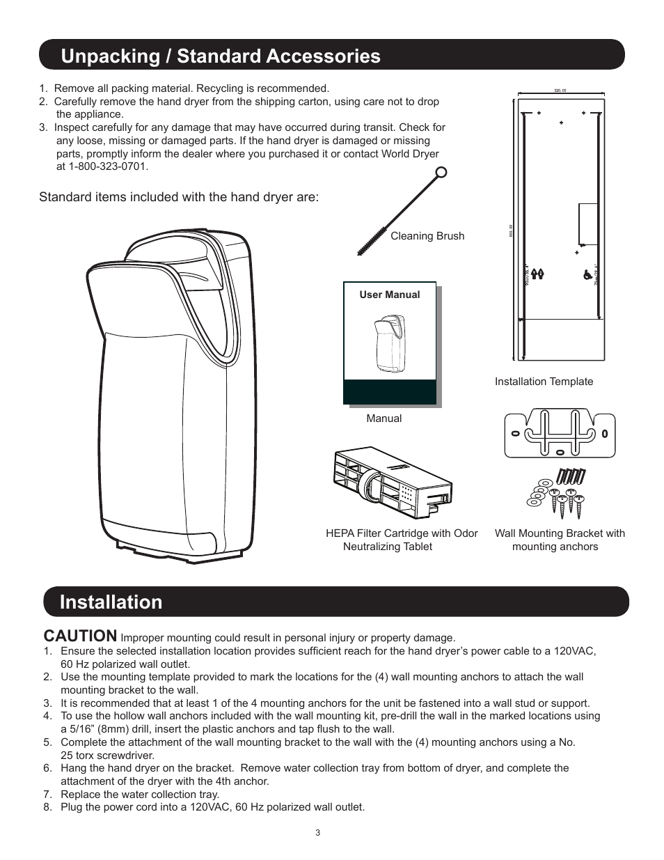 Unpacking / standard accessories, Installation, Caution | World Dryer VMax V User Manual | Page 3 / 13