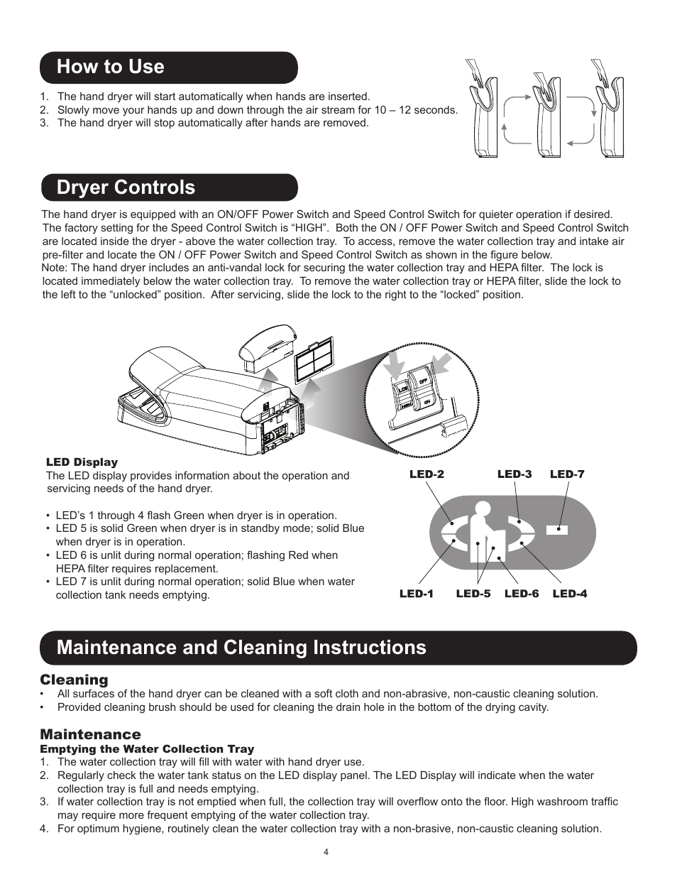 How to use, Dryer controls, Maintenance and cleaning instructions | Cleaning, Maintenance | World Dryer VMax V User Manual | Page 4 / 13