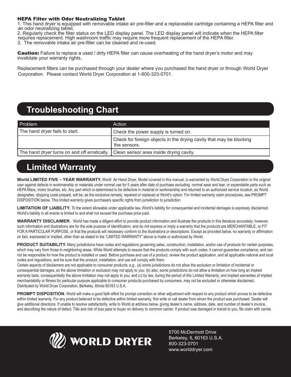 Troubleshooting chart, Limited warranty | World Dryer VMax V User Manual | Page 5 / 13