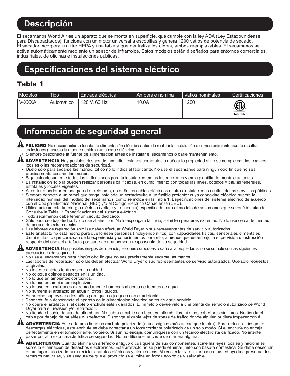 Descripción, Especificaciones del sistema eléctrico, Información de seguridad general | Tabla 1 | World Dryer VMax V User Manual | Page 6 / 13
