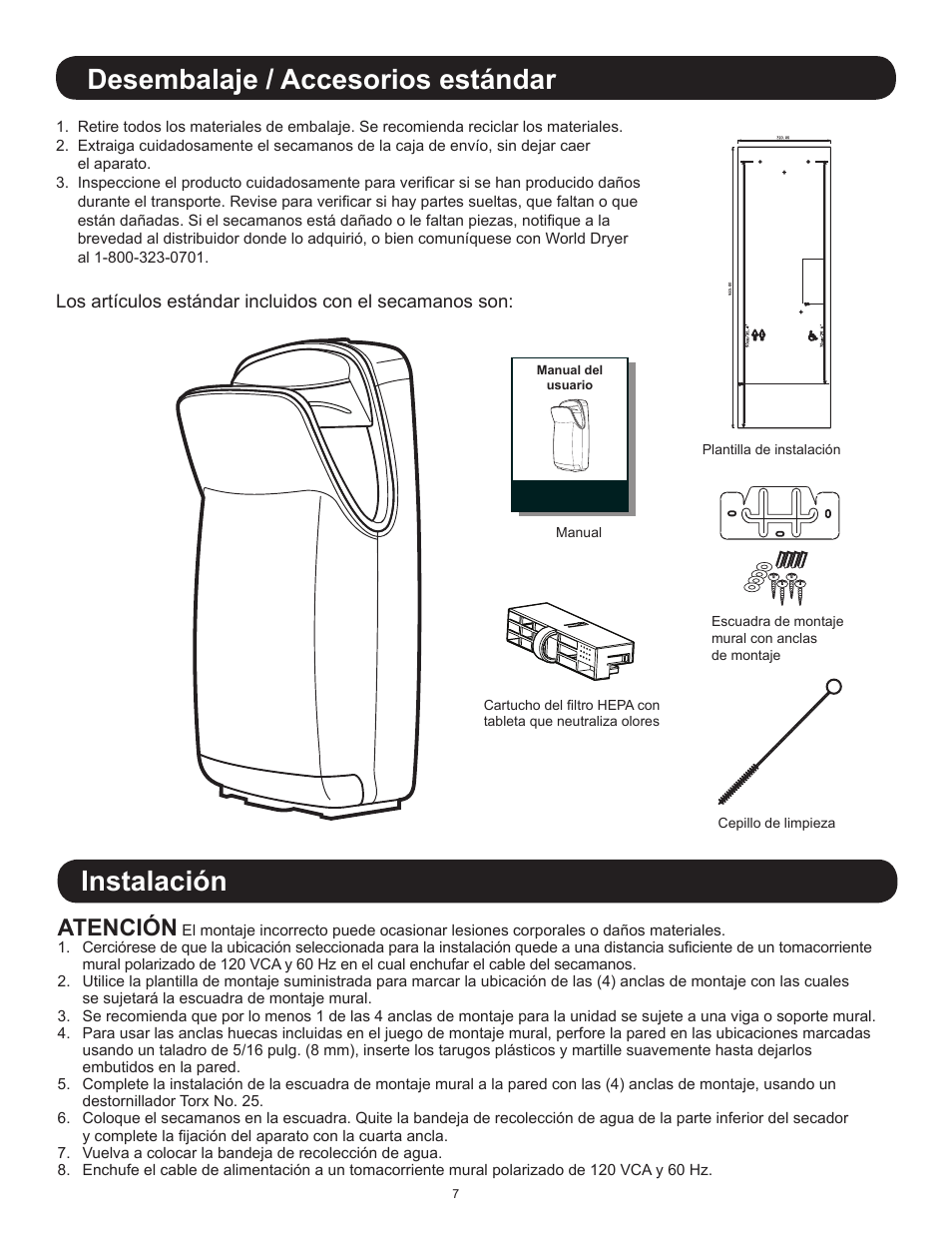 Desembalaje / accesorios estándar, Instalación, Atención | World Dryer VMax V User Manual | Page 7 / 13