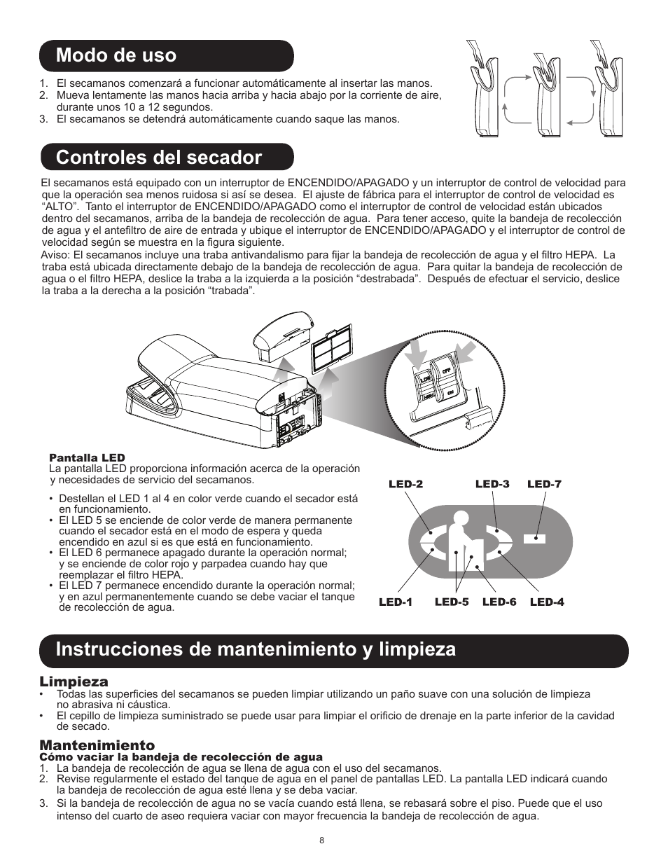 Modo de uso, Controles del secador, Instrucciones de mantenimiento y limpieza | Limpieza, Mantenimiento | World Dryer VMax V User Manual | Page 8 / 13