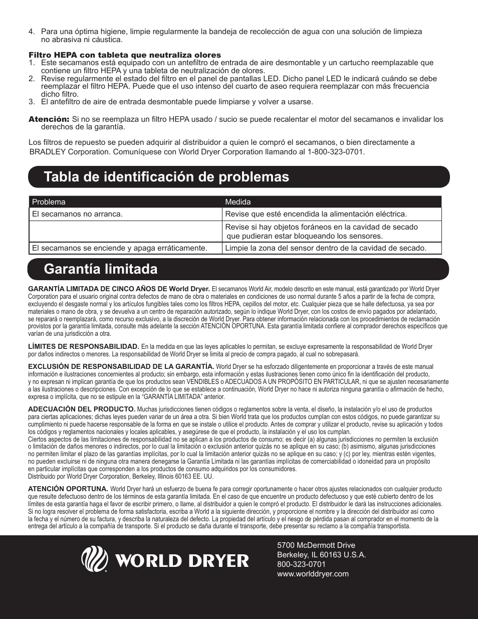 Garantía limitada, Tabla de identificación de problemas | World Dryer VMax V User Manual | Page 9 / 13