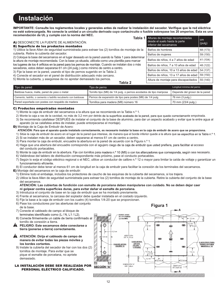 Instalación, Figura 1 | World Dryer AirStyle B User Manual | Page 12 / 28
