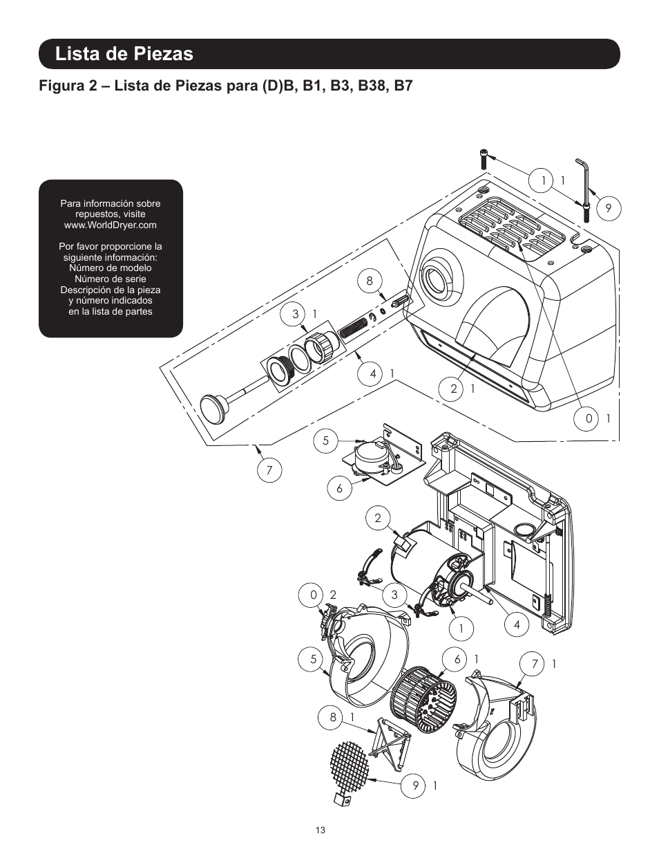 Lista de piezas | World Dryer AirStyle B User Manual | Page 13 / 28
