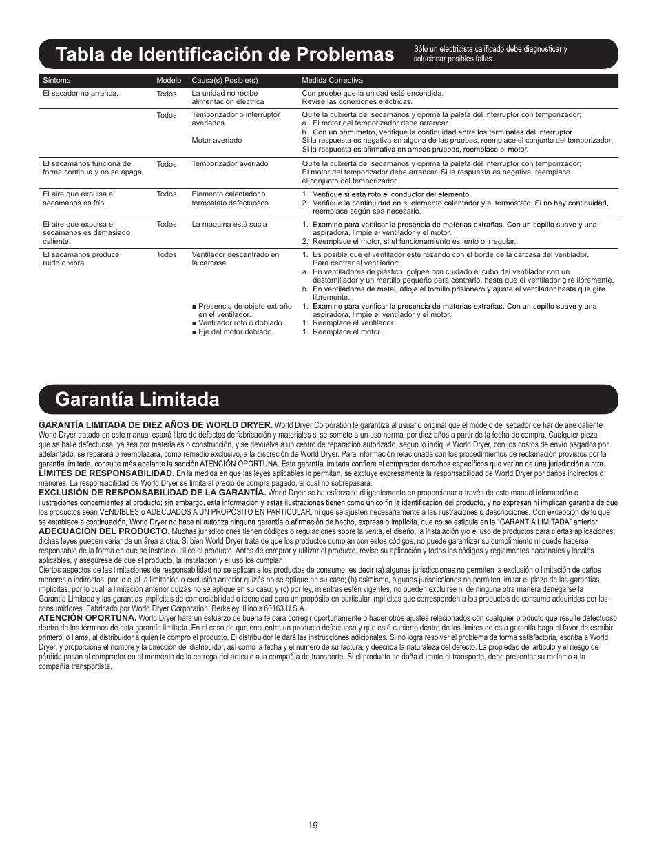 Garantía limitada | World Dryer AirStyle B User Manual | Page 19 / 28