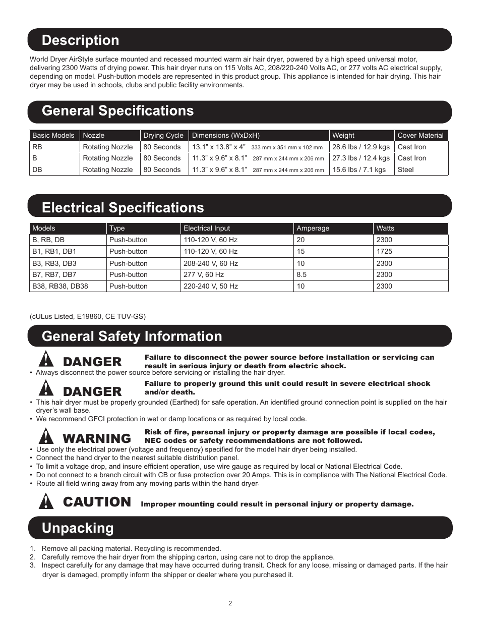 Description, General safety information, Unpacking | Caution, Danger, Warning | World Dryer AirStyle B User Manual | Page 2 / 28