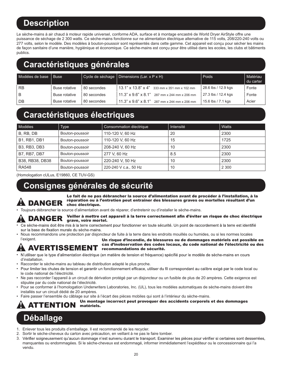 Description, Consignes générales de sécurité, Déballage | Danger, Avertissement, Attention | World Dryer AirStyle B User Manual | Page 20 / 28