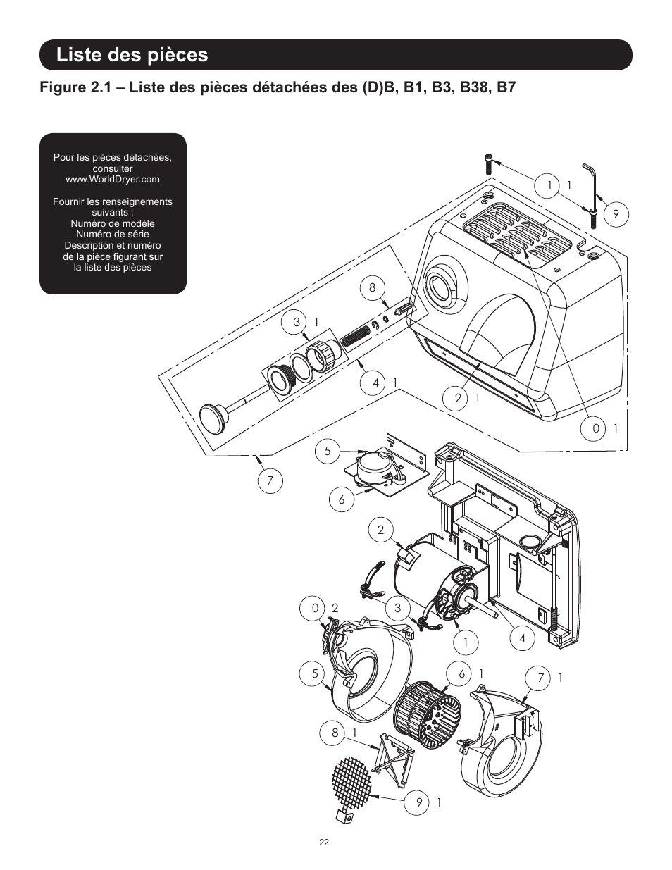 Liste des pièces | World Dryer AirStyle B User Manual | Page 22 / 28