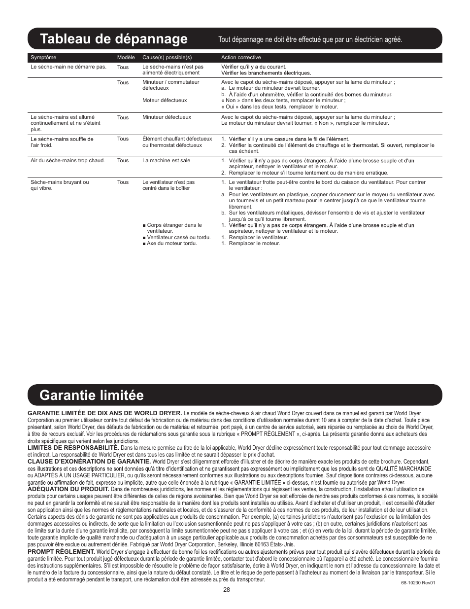 Garantie limitée, Tableau de dépannage | World Dryer AirStyle B User Manual | Page 28 / 28