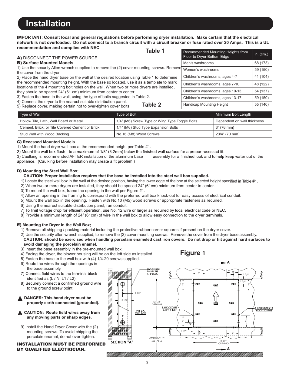 Installation, Figure, Table 1 | Table 2 | World Dryer AirStyle B User Manual | Page 3 / 28