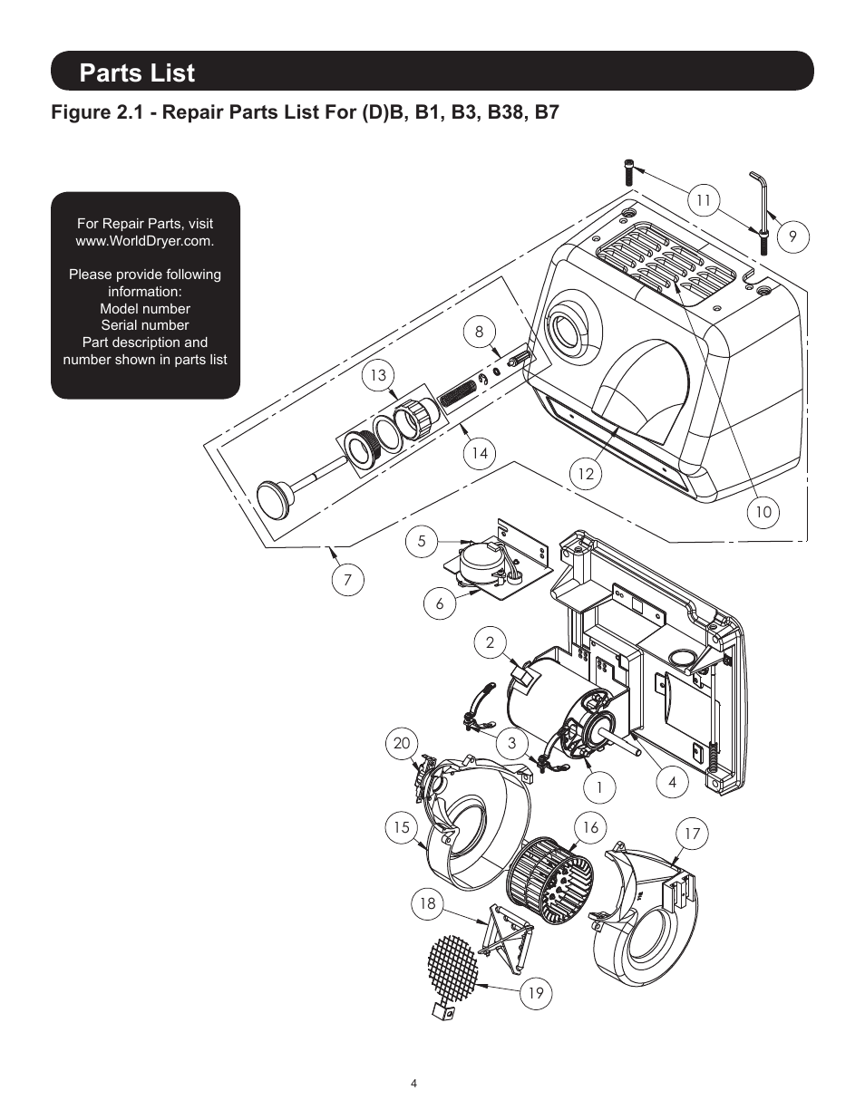 Parts list | World Dryer AirStyle B User Manual | Page 4 / 28