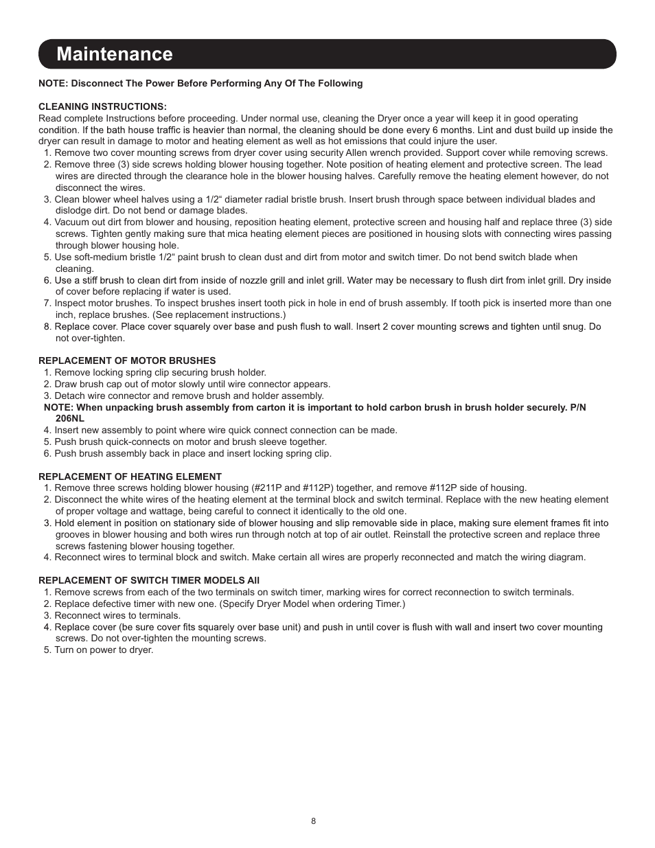 Maintenance | World Dryer AirStyle B User Manual | Page 8 / 28