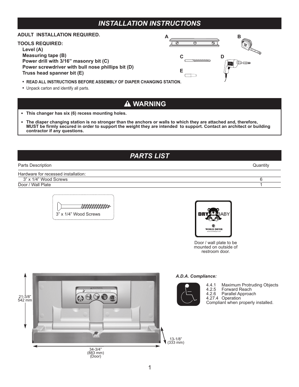 Installation instructions, Warning, Parts list | World Dryer DryBaby ABC-300HSR User Manual | Page 2 / 10