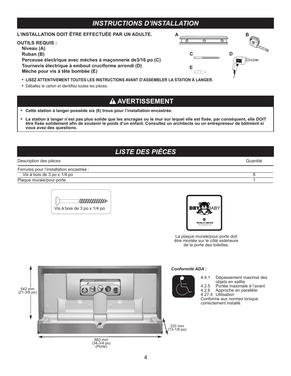 Instructions d’installation, Avertissement, Liste des pièces | World Dryer DryBaby ABC-300HSR User Manual | Page 5 / 10