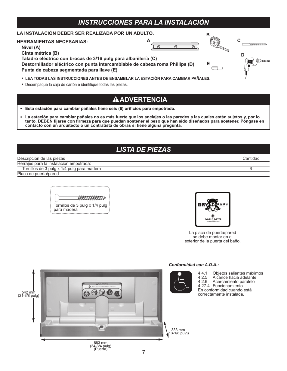 Instrucciones para la instalación, Advertencia, Lista de piezas | World Dryer DryBaby ABC-300HSR User Manual | Page 8 / 10