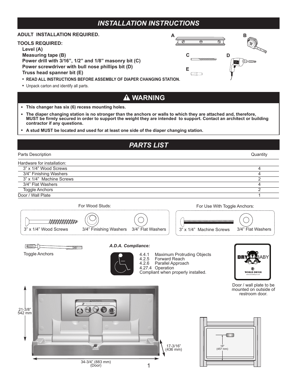 Installation instructions, Warning, Parts list | World Dryer DryBaby ABC-300HS User Manual | Page 2 / 10