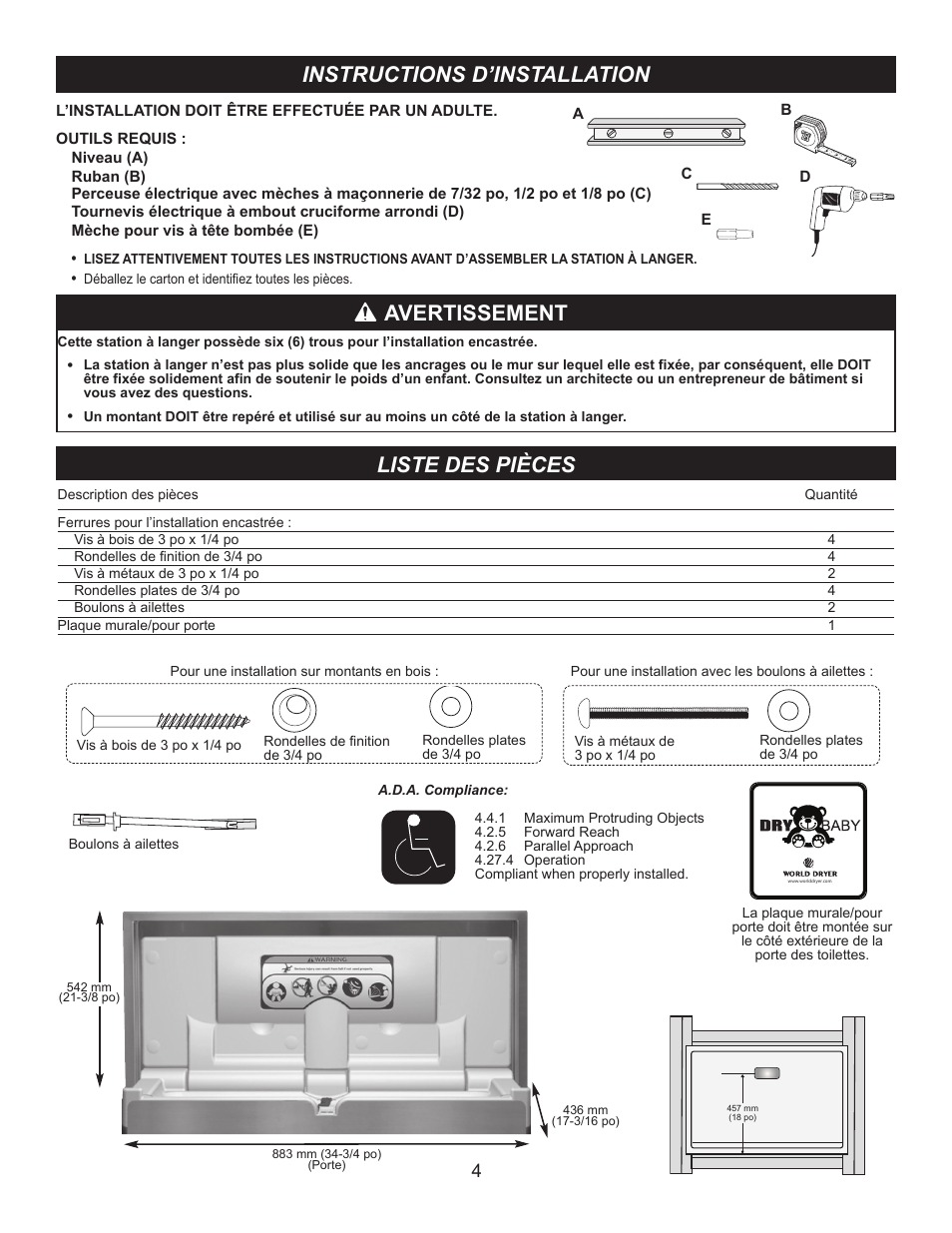 Instructions d’installation, Avertissement, Liste des pièces | World Dryer DryBaby ABC-300HS User Manual | Page 5 / 10