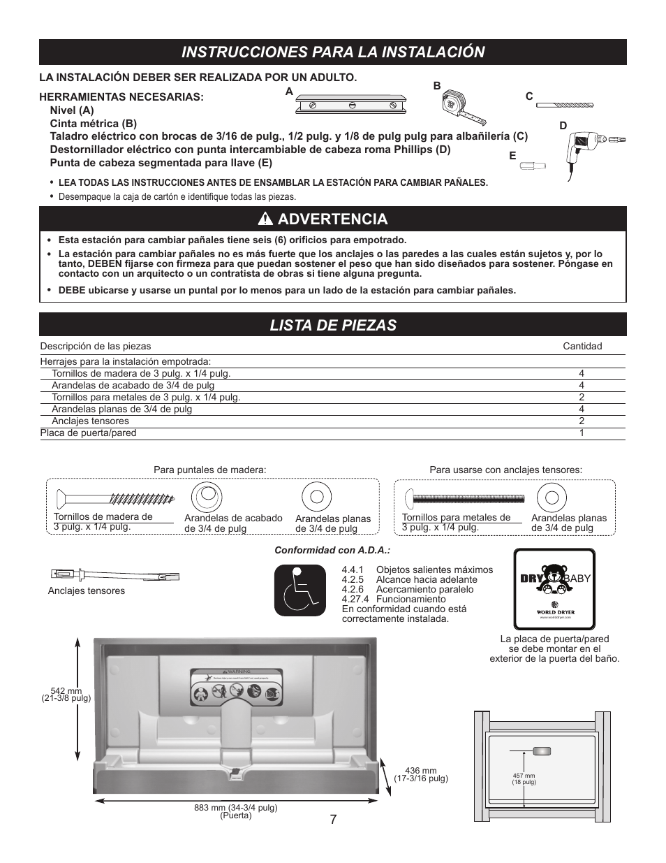 Instrucciones para la instalación, Advertencia, Lista de piezas | World Dryer DryBaby ABC-300HS User Manual | Page 8 / 10