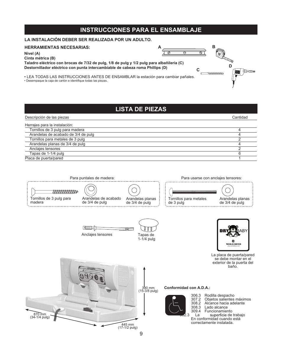 Instrucciones para el ensamblaje, Lista de piezas | World Dryer DryBaby ABC-300H User Manual | Page 10 / 13