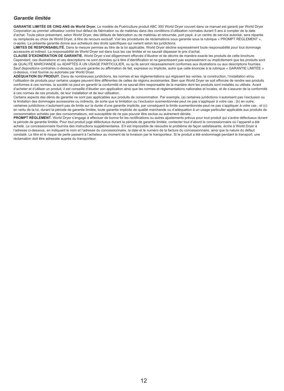 Garantie limitée | World Dryer DryBaby ABC-300H User Manual | Page 13 / 13