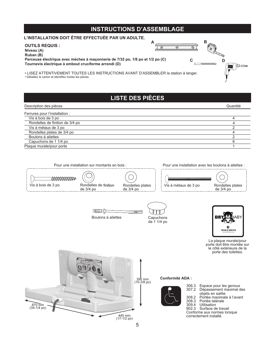 Instructions d’assemblage, Liste des pièces | World Dryer DryBaby ABC-300H User Manual | Page 6 / 13