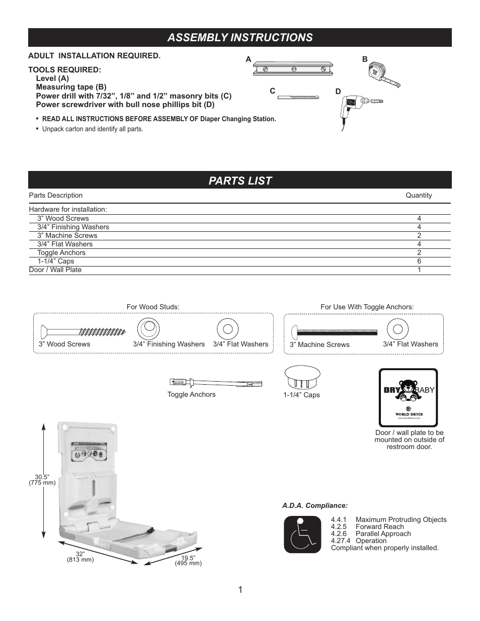 Assembly instructions, Parts list | World Dryer DryBaby ABC 300V User Manual | Page 2 / 10