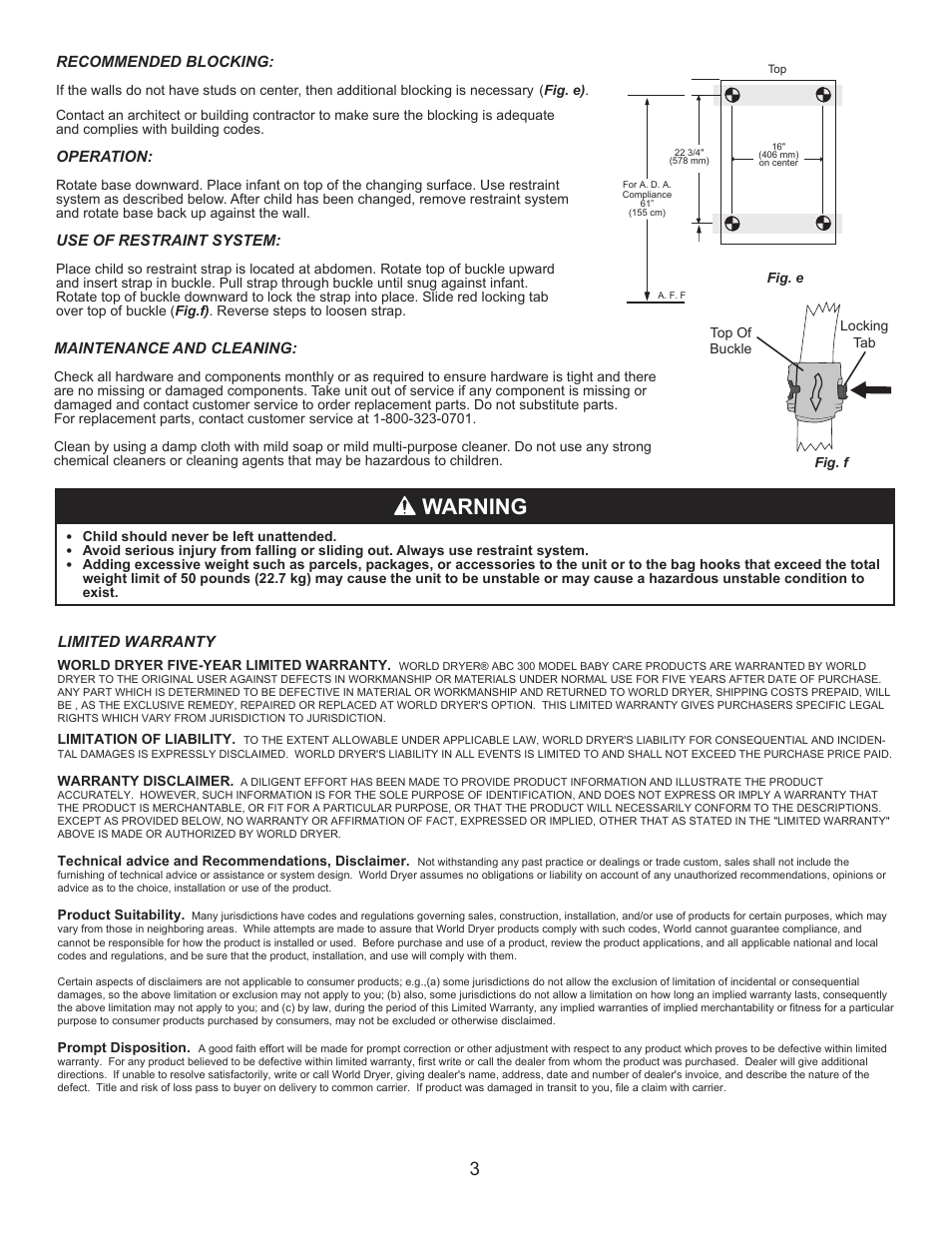 Warning | World Dryer DryBaby ABC 300V User Manual | Page 4 / 10