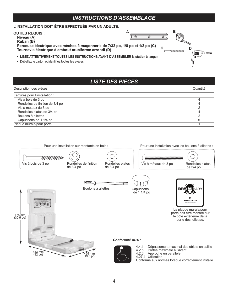 Instructions d’assemblage, Liste des pièces | World Dryer DryBaby ABC 300V User Manual | Page 5 / 10