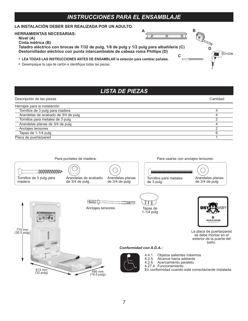 Instrucciones para el ensamblaje, Lista de piezas | World Dryer DryBaby ABC 300V User Manual | Page 8 / 10