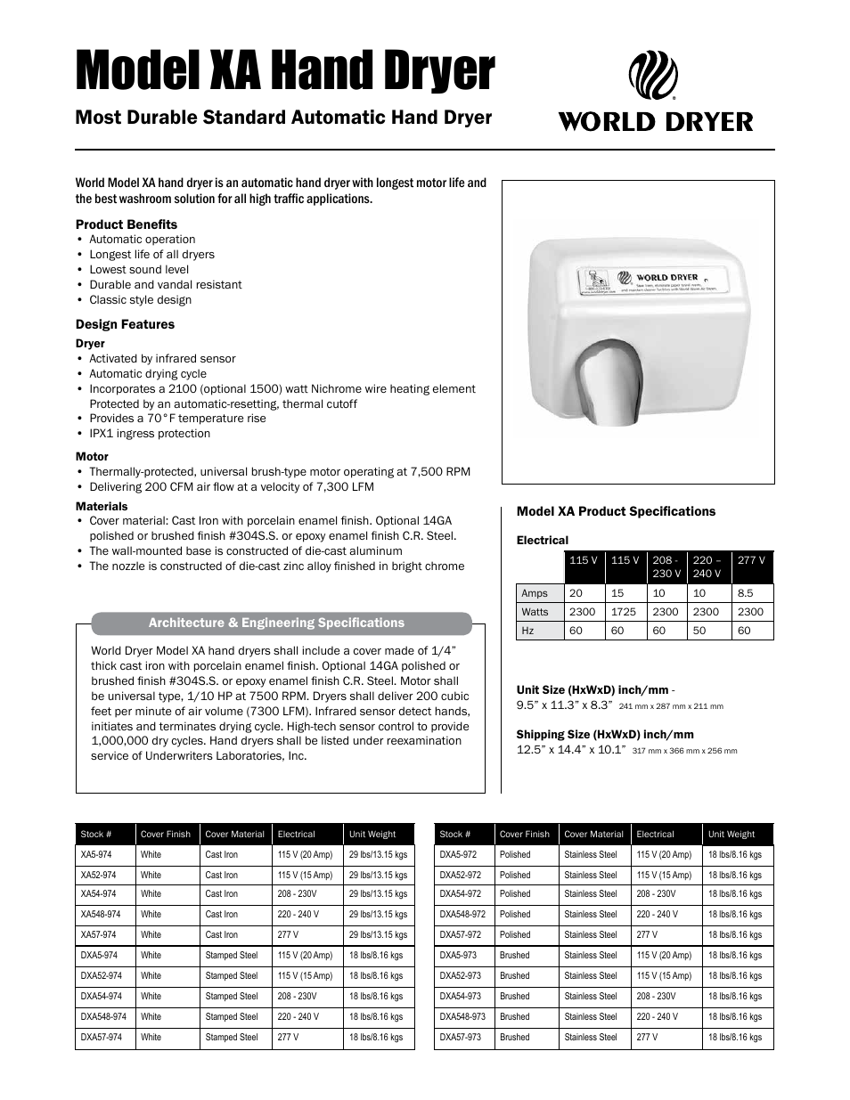 World Dryer XA User Manual | 2 pages