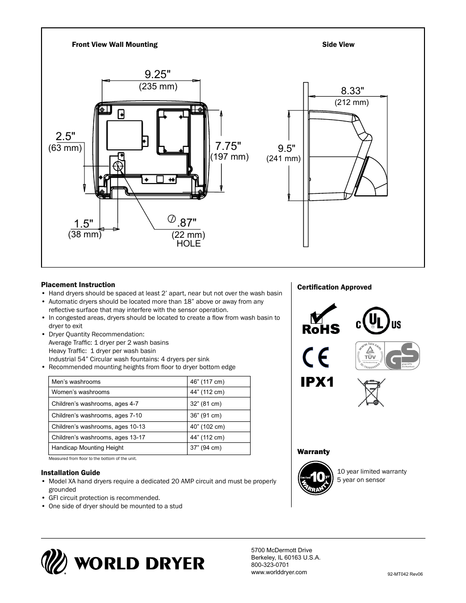 Ipx1 | World Dryer XA User Manual | Page 2 / 2