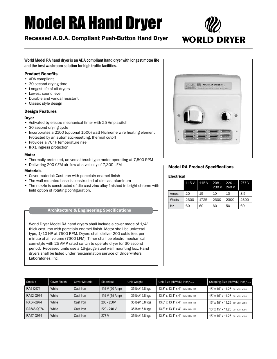 World Dryer RA User Manual | 2 pages