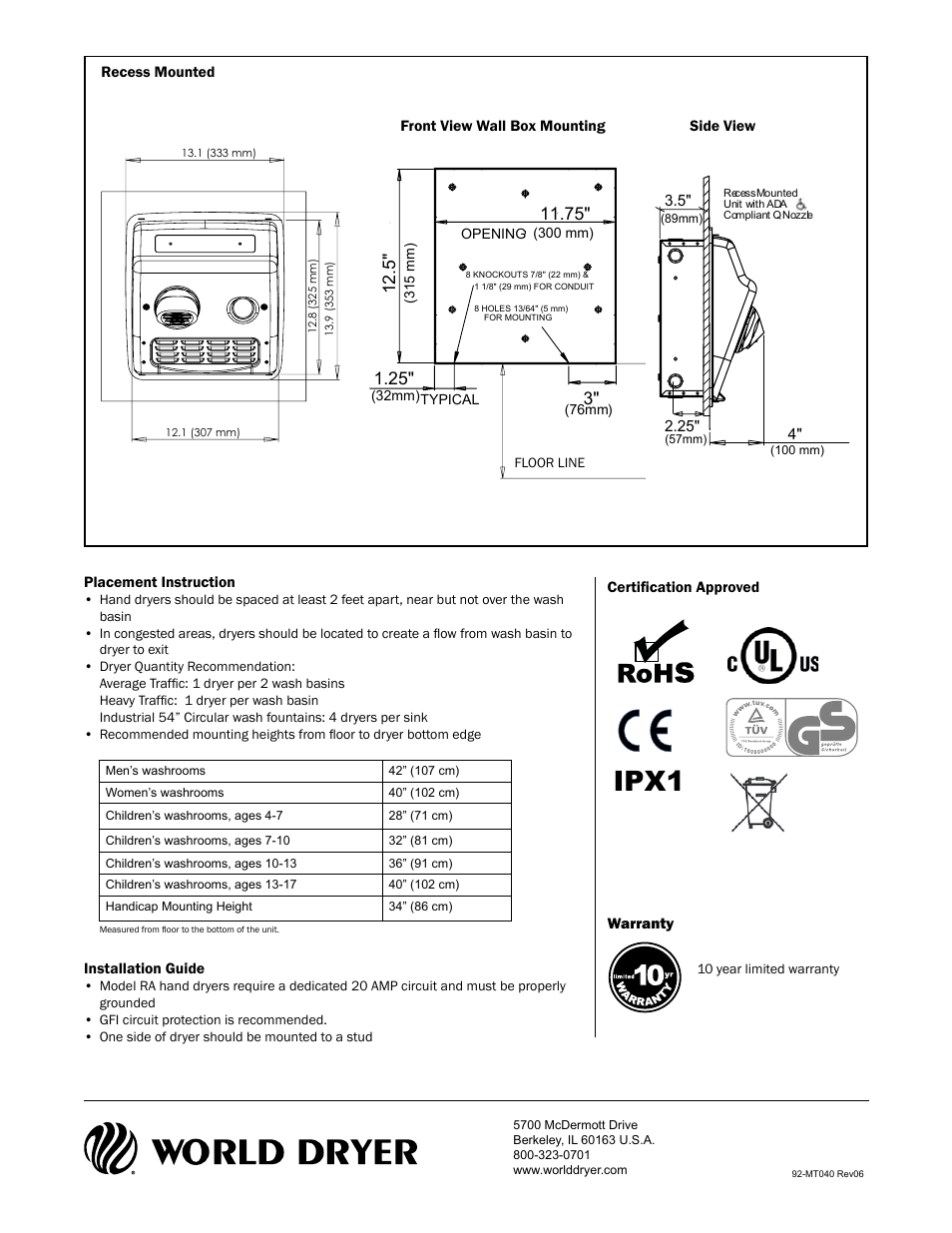 Ipx1 | World Dryer RA User Manual | Page 2 / 2