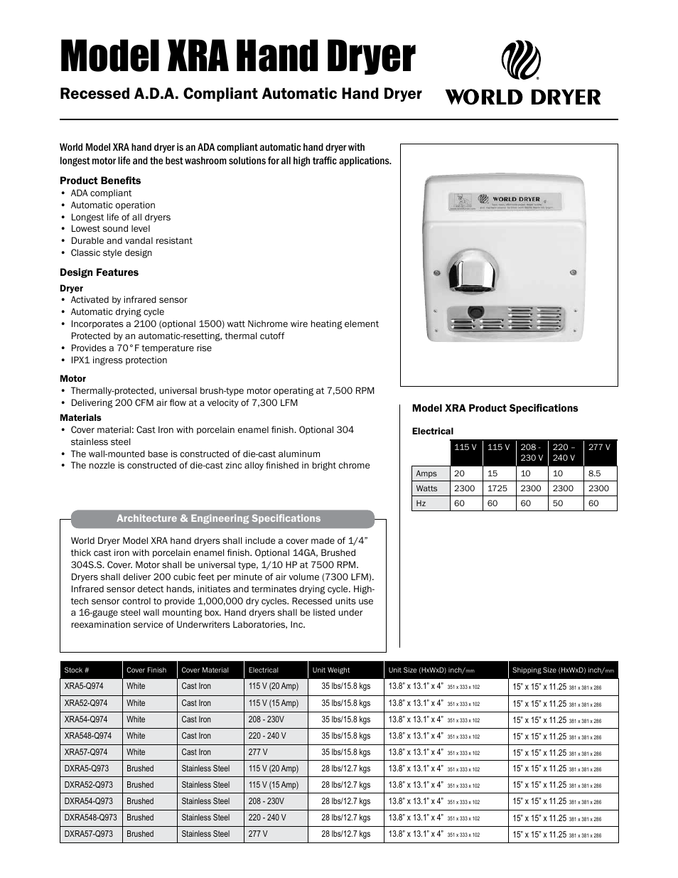 World Dryer XRA User Manual | 2 pages