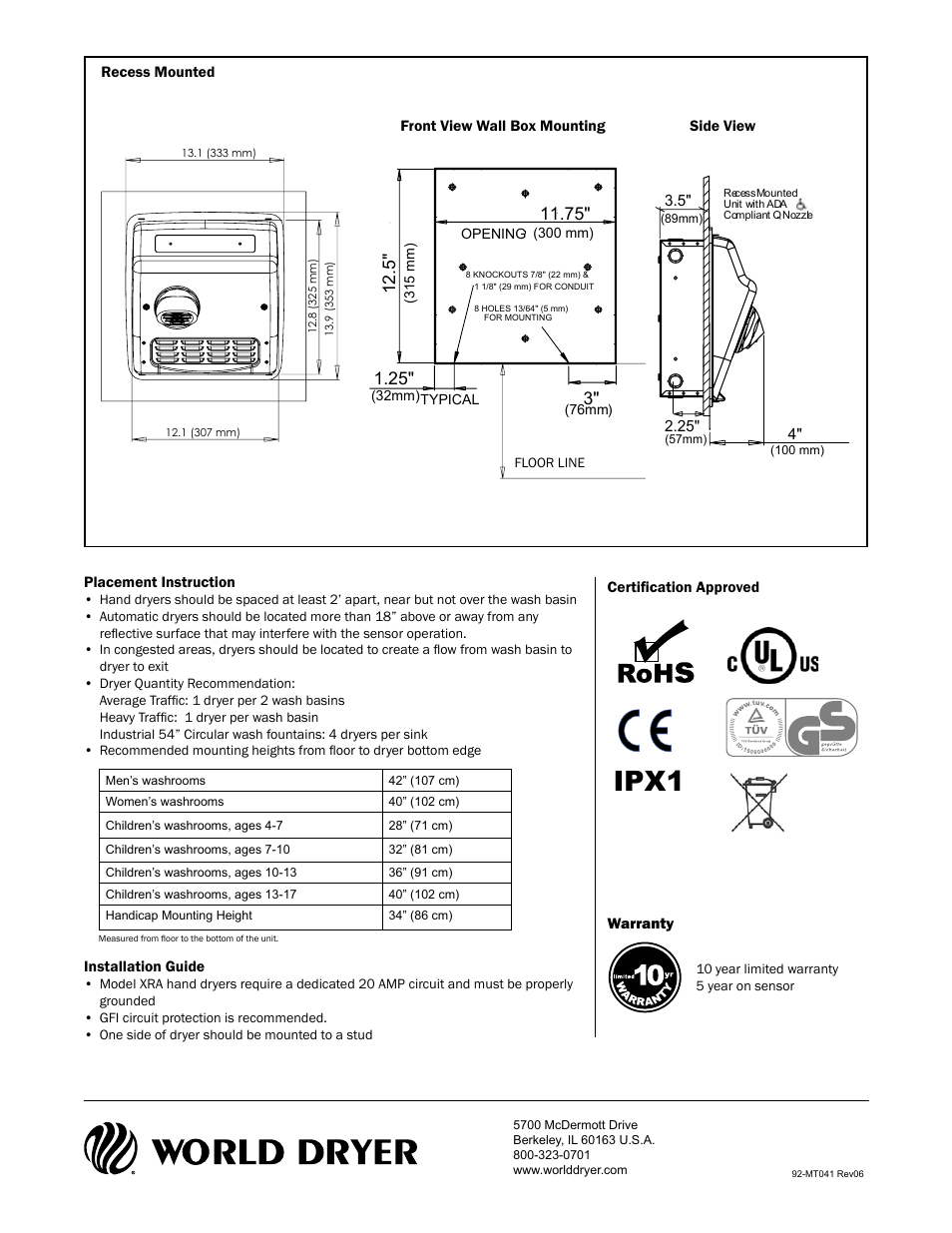 Ipx1 | World Dryer XRA User Manual | Page 2 / 2