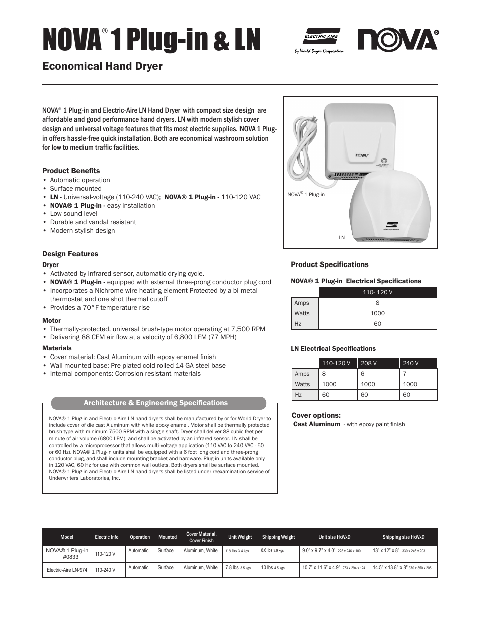 World Dryer Nova 1 Plug-in & LN User Manual | 2 pages