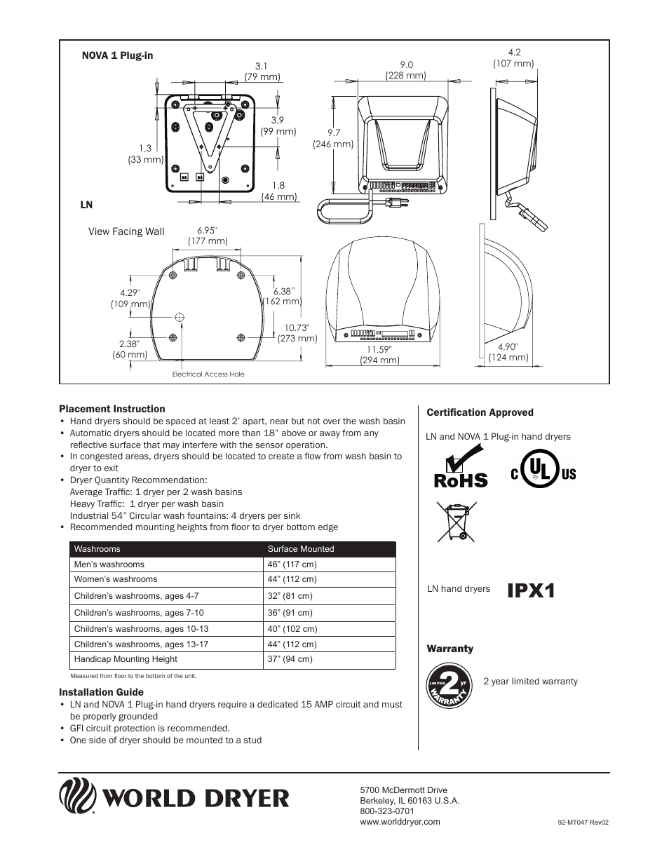 Ipx1 | World Dryer Nova 1 Plug-in & LN User Manual | Page 2 / 2