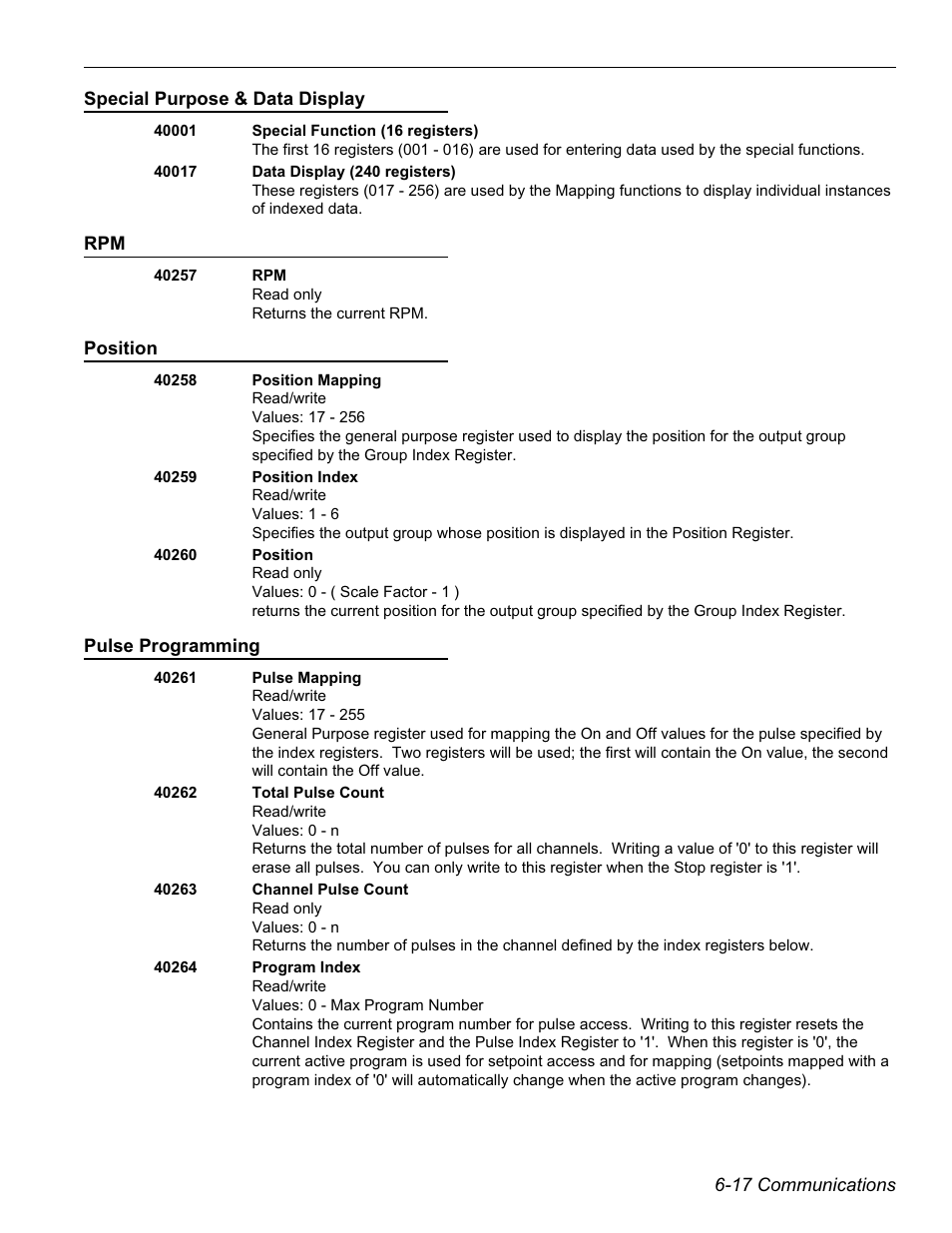Registers, Special purpose & data display, Position | Pulse programming | Electro Cam PS-6144 Series User Manual | Page 89 / 112