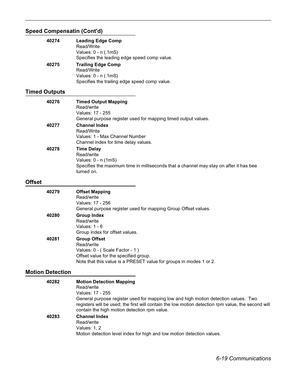 Timed outputs, Offset, Motion detection | Registers (cont'd) | Electro Cam PS-6144 Series User Manual | Page 91 / 112