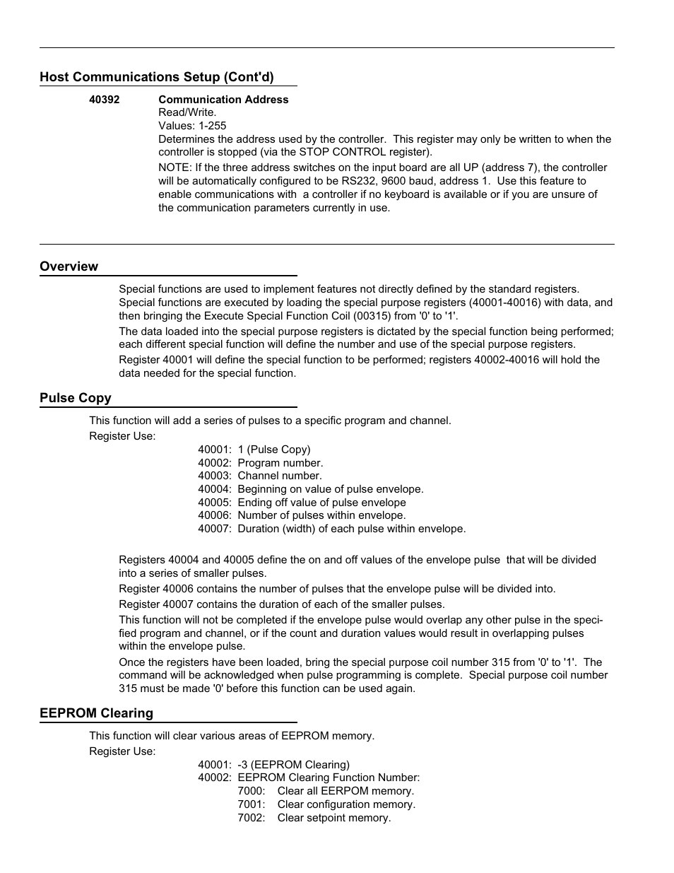 Special functions, Overview, Pulse copy | Eeprom clearing, Registers (cont'd) | Electro Cam PS-6144 Series User Manual | Page 98 / 112
