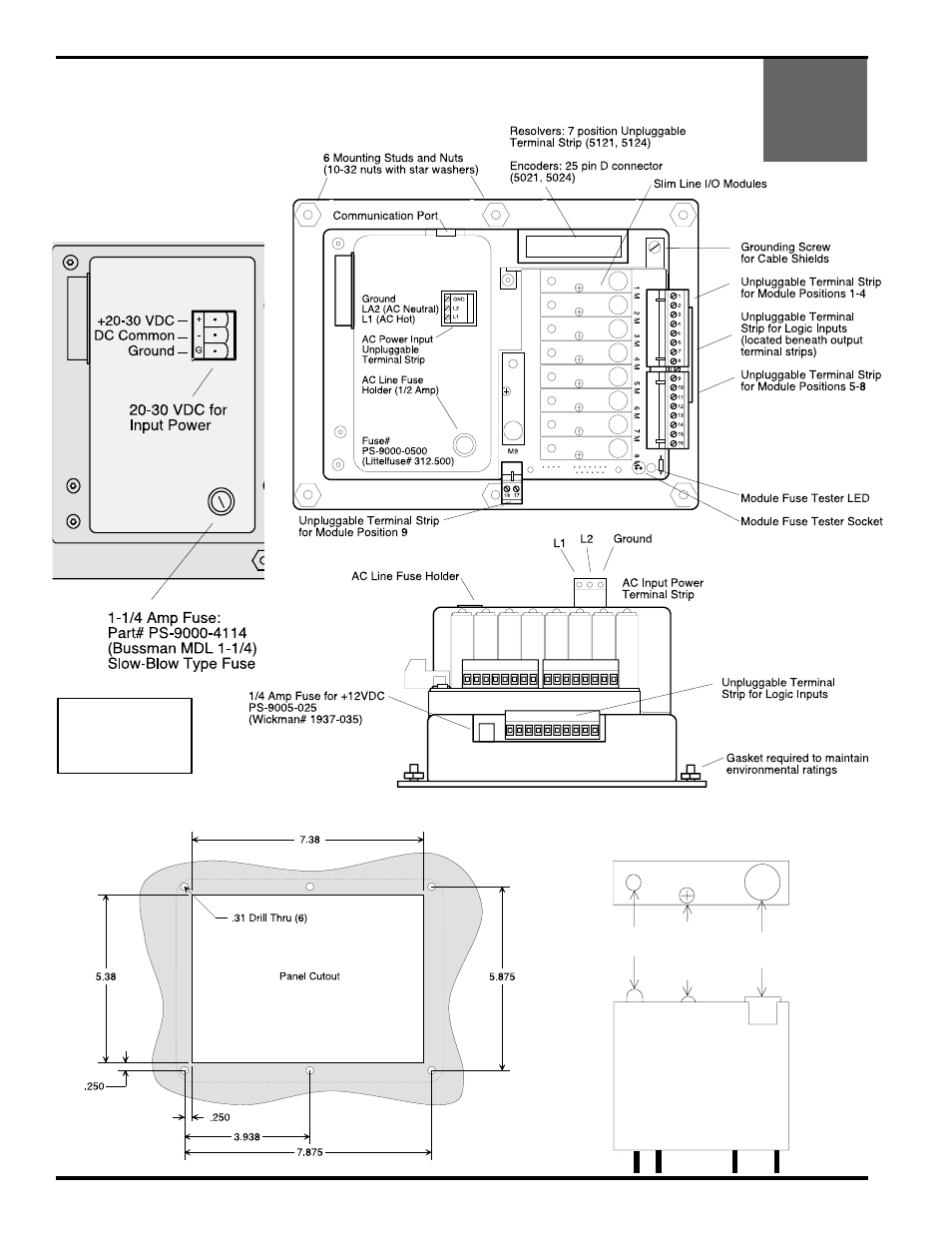 Controllers with i/o modules on controller back, 2 dimensions & component locations, Controllers w/ i/o modules on controller back | Slimline modules | Electro Cam 5000 Series User Manual | Page 9 / 80