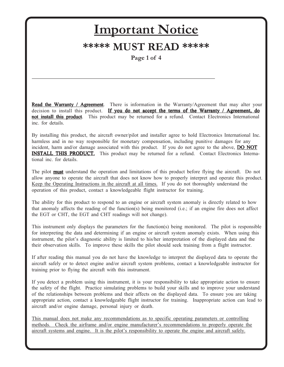Important notice, Must read | Electronics International CGR-30P User Manual | Page 2 / 52