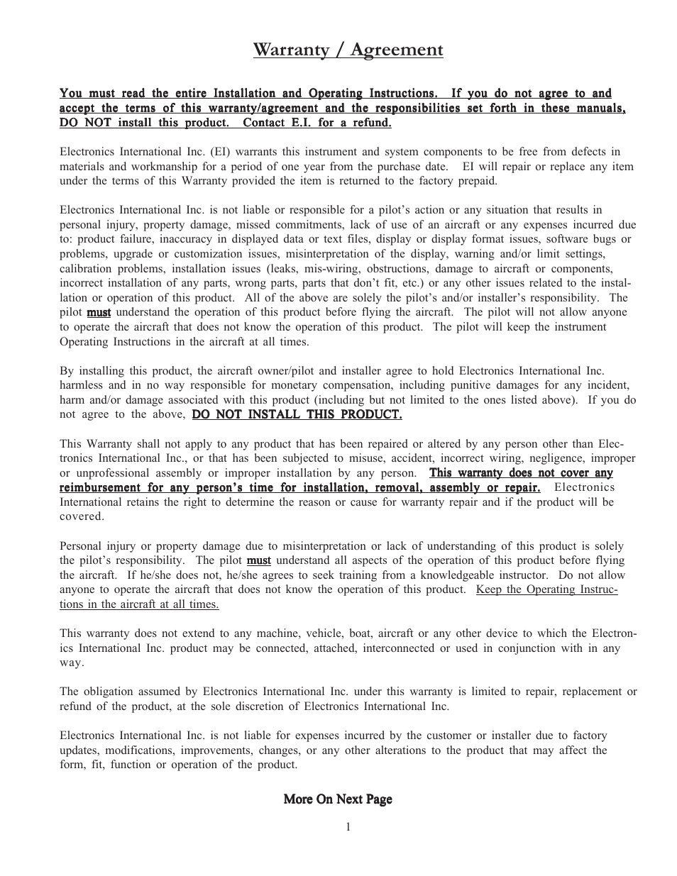 Warranty / agreement | Electronics International CGR-30P User Manual | Page 8 / 52