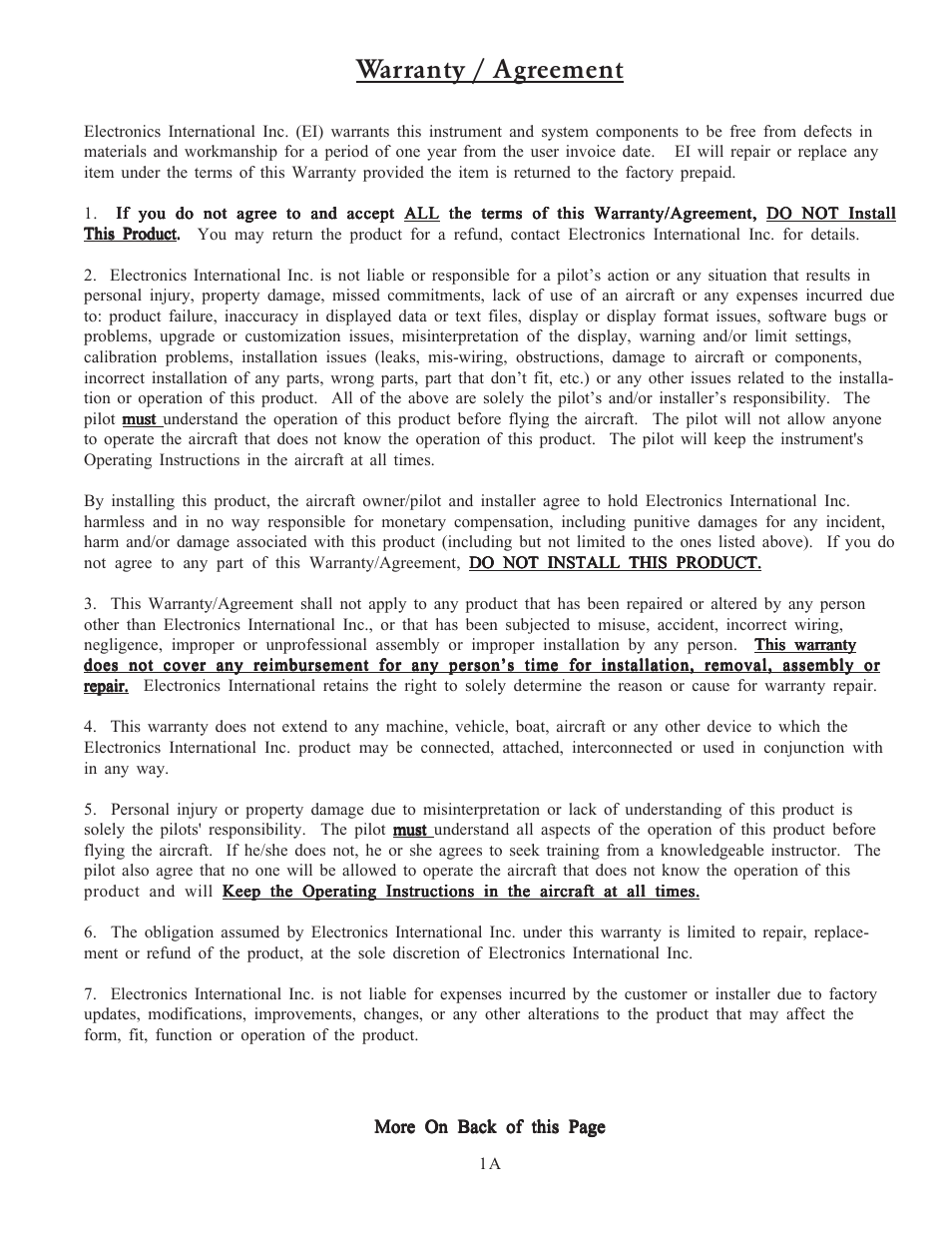 Warranty / agreement | Electronics International MVP-50P User Manual | Page 11 / 106