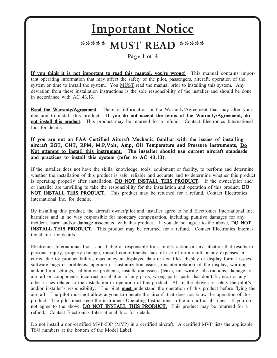 Important notice, Must read | Electronics International MVP-50P User Manual | Page 3 / 106