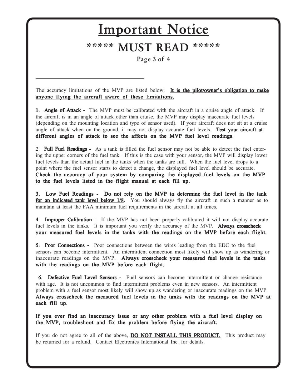 Important notice, Must read, Fuel level accuracy limitations | Page 3 of 4 | Electronics International MVP-50P User Manual | Page 5 / 106