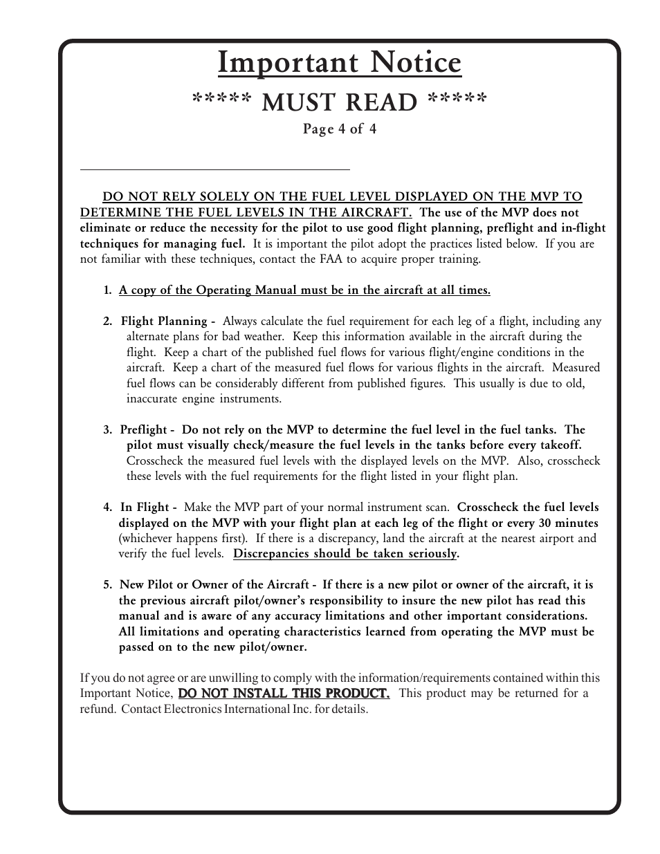 Important notice, Must read, Important fuel level considerations | Electronics International MVP-50P User Manual | Page 6 / 106