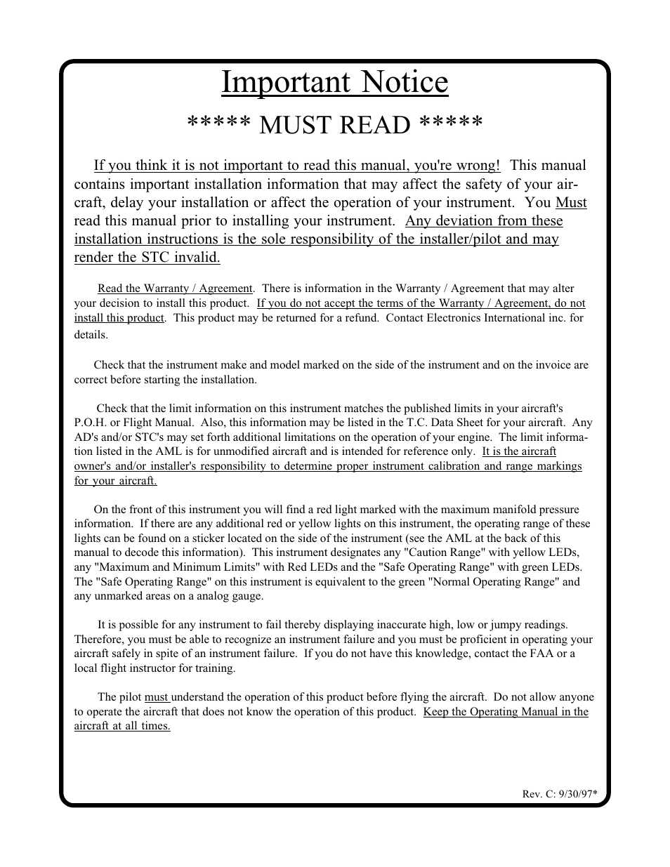 Important notice, Must read | Electronics International M-1 Manifold Pressure User Manual | Page 2 / 12
