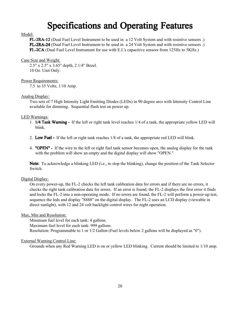 Specifications and operating features | Electronics International FL-2 User Manual | Page 22 / 26